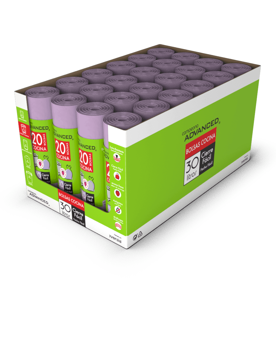 Caja de color verde claro, de 24 rollos de bolsas Campeona Advanced de 30 litros